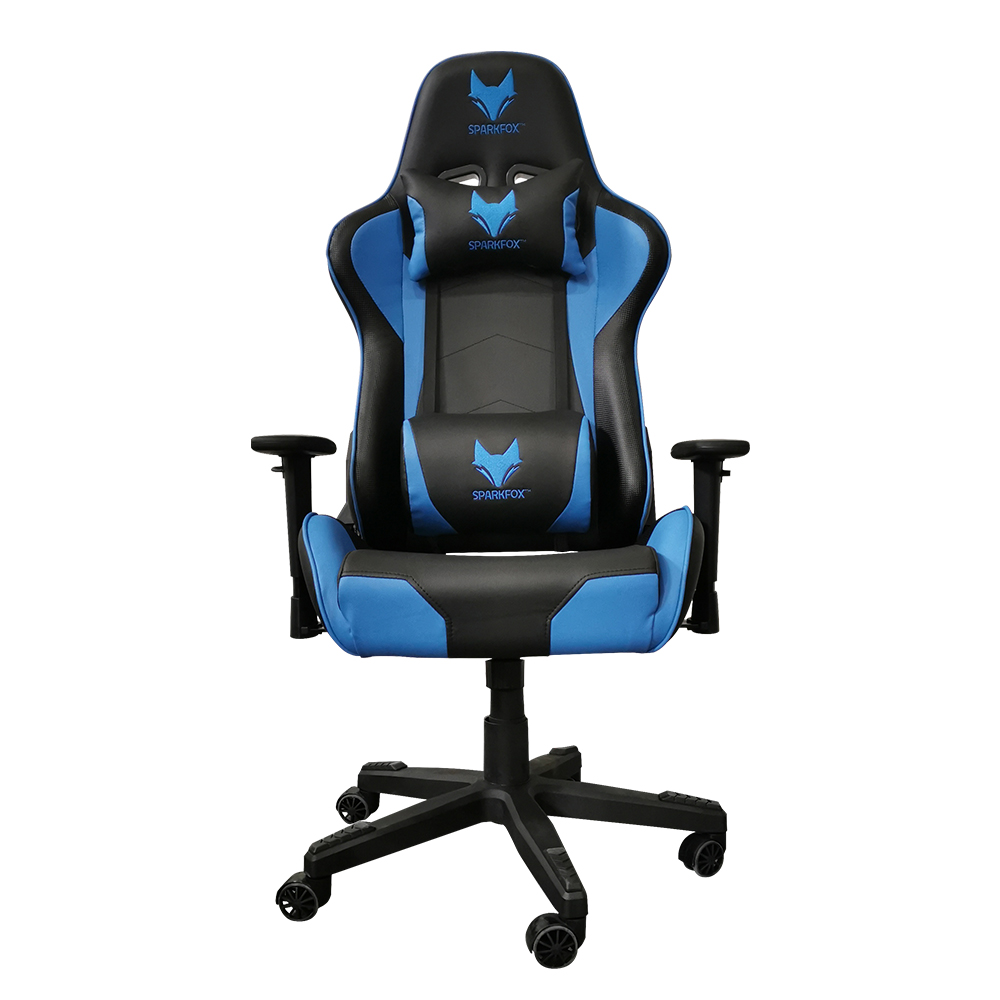 blue and black gaming chair with speakers